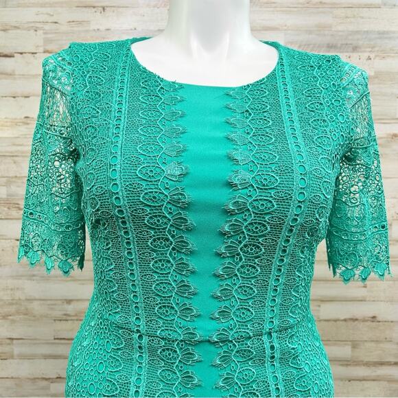 Antonio Melani Crochet Lace Sheath Dress Womens Size 10 Green Short Sleeve - Picture 3 of 14